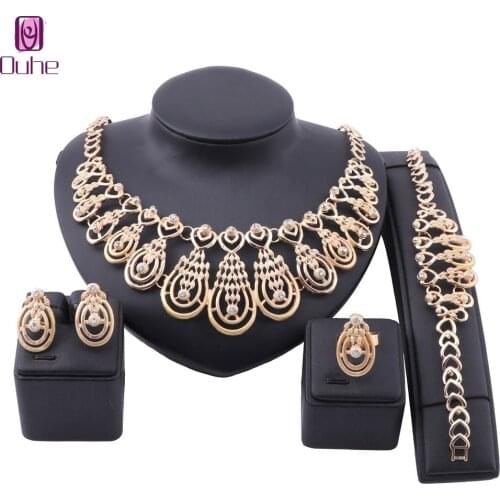 African Beads Fine Jewelry Set Gold Color Crystal Women Wedding Necklace Bracelet Earring Ring Party Set