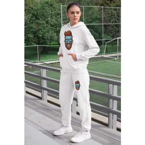 Angemiel Wear Entel Glasses Zombie Women Tracksuit Set White Hooded Sweatshirt White Sweatpants