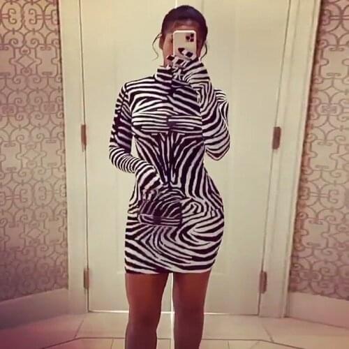 BKLD Fall 2020 Women Clothing New Fashion Zebra Striped Printed Turtleneck Gloves Long Sleeve Bodycon Dress Party Clubwear