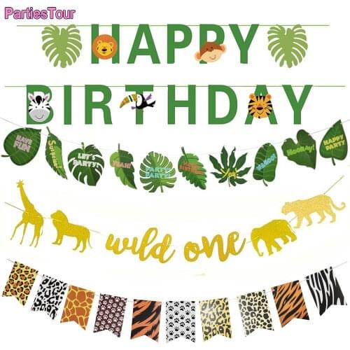 Jungle Safari Party Banner Flag Golden Glitter Welcome Little Baby Banner Decoration for Baby Shower Jungle Theme Party Supplies