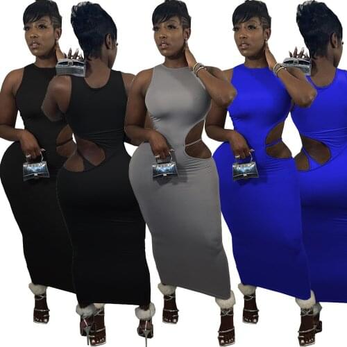 European and American sexy womens fashion solid color hollow round neck dress long skirt nightclub