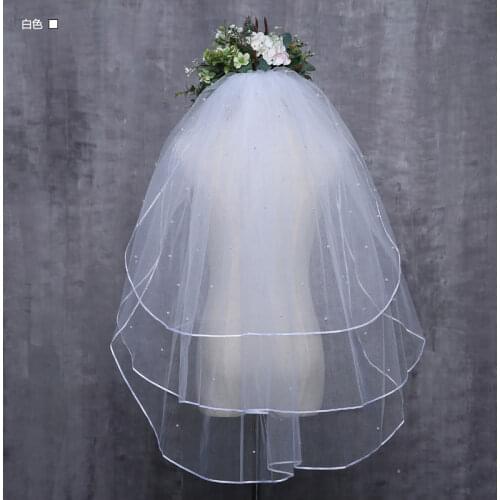 Double Layers Tulle Bridal Veils with Comb White Ivory Short Pearls Bride Veils for Wedding Dress