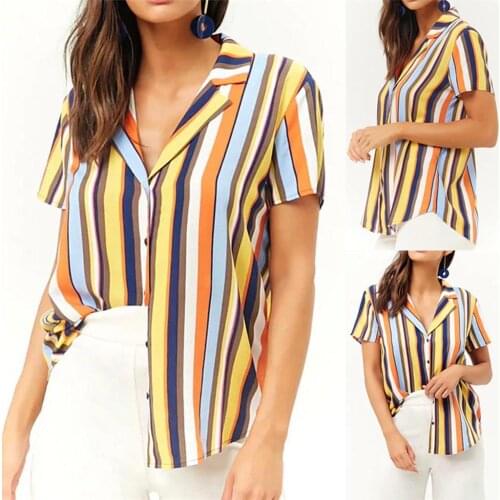 S-3XL Summer Women Shirt Casual Short Sleeve T Shirt Lady Printed Striped Blouse collared shirt Colorful loose chiffon shirt F4