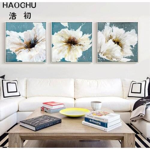 HAOCHU Nordic Canvas Painting Abstract White Flower Print Wall Poster Landscape Knife Painting Giclee Wall Decor No Frame