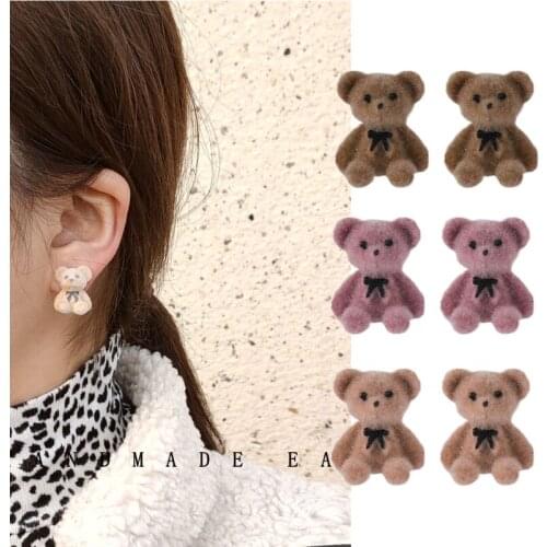 Cute Bear Flocking Bowknot Womens Stud Earrings Fashion Sweet Fall Winter Cartoon Earring Eardrop Jewelry Decoration tremella s