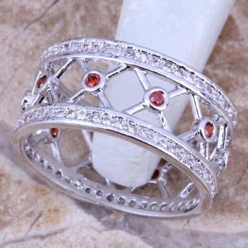 Unusual White CZ Red Garnet Silver Plated Jewelry Ring Size 6 / 7 / 8 / 9 R0498