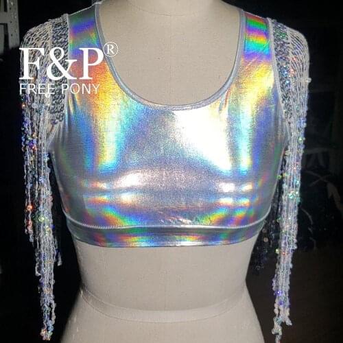 Burning Man Festival Holographic Fringe Top Rainbow Rave Tank top Carnival Costume Gogo Pole Dance Wear Clothes