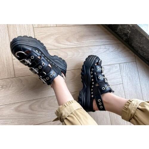 Drop Shipping Black Nude Mesh Rivets Round Toe Cuts Out Buckles Thick Sole Sandals Woman 5 CM Heels Slingback Casual Shoes