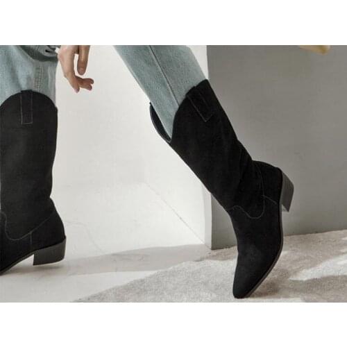 Drop Shipping Spring New Girls Nude Black Suede Pointed Toe Mid-calf Boots Woman 4 cm Square Heels Slip On Casual Knight Boots