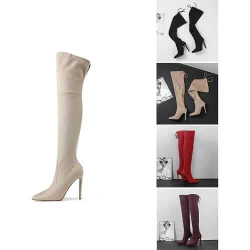 Pointed Toe stiletto Stretch Boots Woman Fashion Sexy Over the Knee Boots Faux Suede Winter New Tight Thigh Boots Women Beige