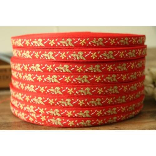 Wide 1.3cm 20yards/lots flowers pattern red background Woven Jacquard Ribbon LS-2266
