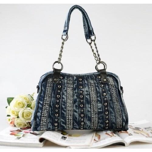 New Jeans Women Shoulder Bags Denim Rivets Handbags Vintage Trendy Design Zipper Jean Messenger Ladys purse Totes For Female