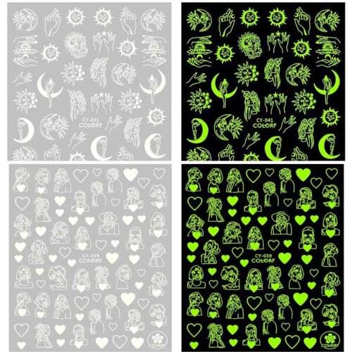 Luminous nail art sticker abstract human face sun flowers heart moon star eyes glow in dark night ultra thin nail foils WG102