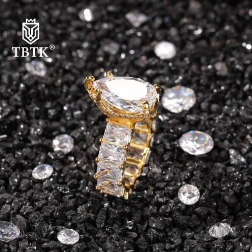 TBTK Ring Water Drop Big Gem Baguette CZ Ring Full Gold Iced Out Luxury For Women Jewelry Wedding Engagement Jewelry Gifts