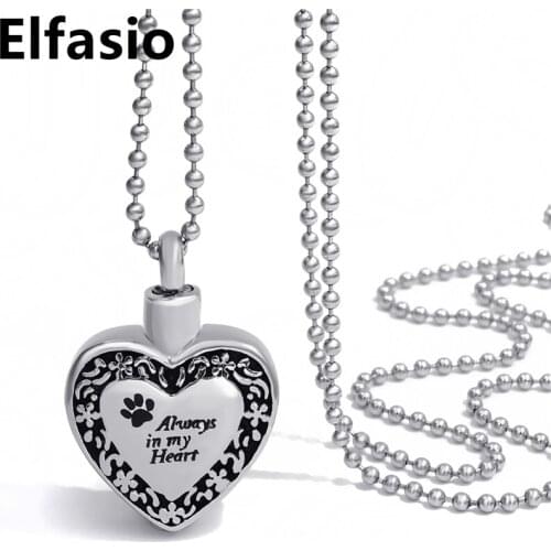 Always in my heart Dog Paw pet Cremation Keepsake Memorial Urn Womens Girls Stainless Steel Pendant Chain Jewelry UP013