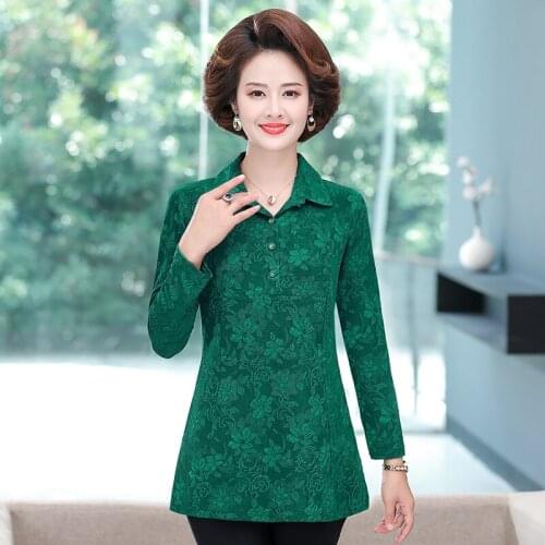 T-shirts Print Casual Turn-down Collar 5XL Knitted Shirt Plus Size Women 2021 New Spring Autumn Pullovers Mother Long Sleeve Top