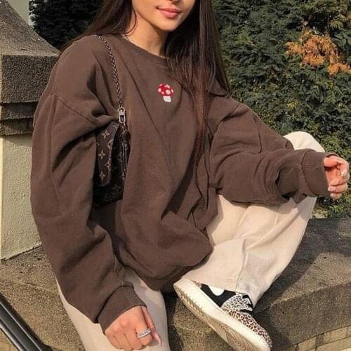 Women Hoodies 2021 Spring Autumn Cute Mushroom Print Crew Neck Long Sleeve Korean Fashion Loose Brown Pullover Female Sweatshirt