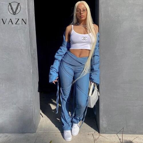 VAZN European and American Womens Spring/Summer 2021 Pure Color High-Waist Hip-Hop Strap Slim Body and Hip Long Casual Pants