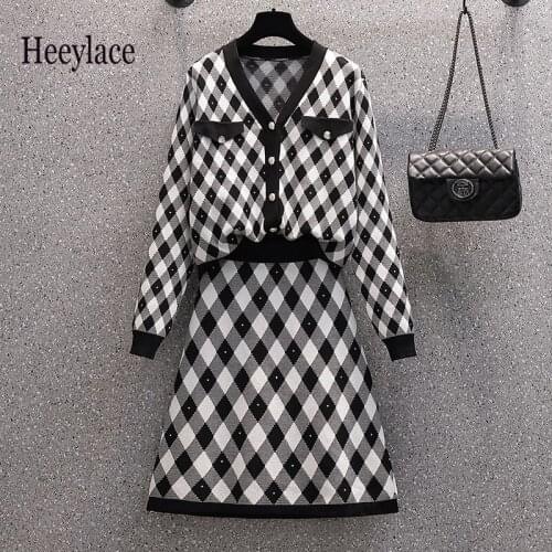 Plus Size Set Women Autumn Winter Long Sleeve Plaid Knitted Sweater Cardigan And skirt Set Fragrance Vintage two piece suit 4XL