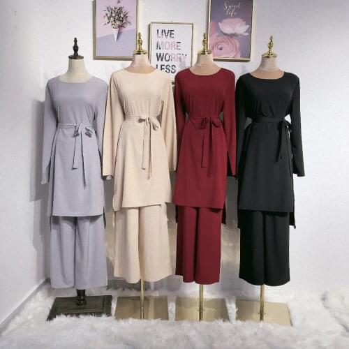 Kalenmos Muslim 2Pecs Sets Women Dubai Arab Blouse Tops and Wide Leg Pants Ramadan Lace-up Abaya Turkey Islamic Clothing Prayer