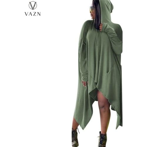 VAZN 2021 Autumn Young High-end Asymmetrical Knit Long Loose Dress Nature Holiday Hooded Full Sleeve Women For Evening Robe