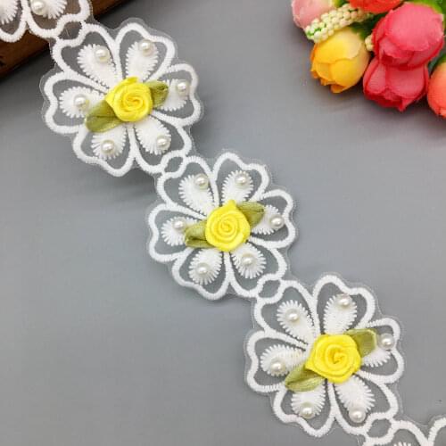 1 yard Pearl Yellow Rose 3D Flower Embroidered Lace Trim Ribbon Fabric Sewing Supplies Craft For Costume Dress Hat Decoration