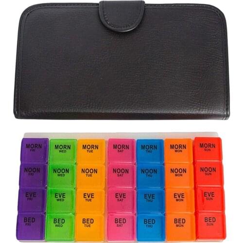 7 Day Plastic 28 Compartments Leather Pill Organizer Pill Case Medicine Tablet Dispenser Organizer Pill Box Splitters Pill