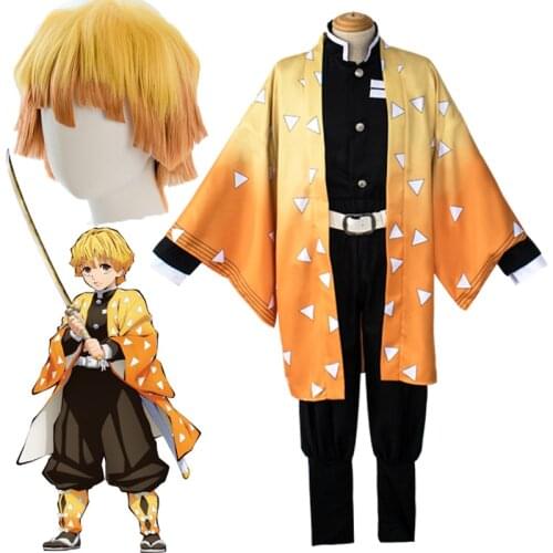 Agatsuma Zenitsu Cosplay Costume Anime Demon Slayer Kimetsu no Yaiba Zenitsu Agatsuma Cosplay Full Set Costume And Wig