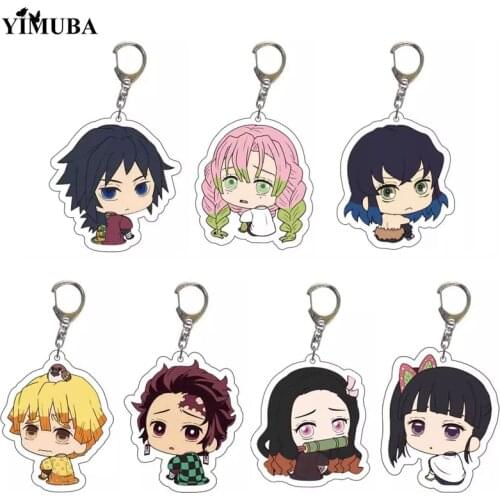 Cute Demon Slayer Kimetsu No Yaiba Q Version Characters Keychain Cartoon Printed Acrylic Key Chain Anime Bag Decoration Key Ring