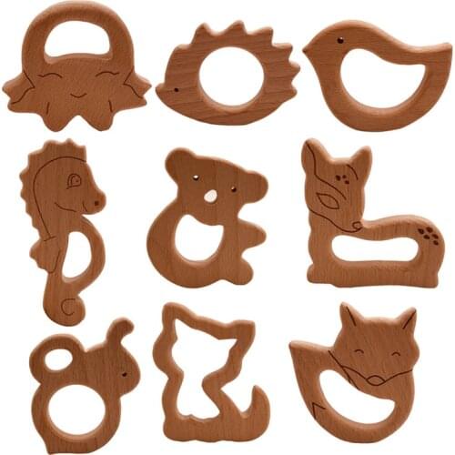 2021 DIY Baby Teether Toys Wooden Animal Shape Necklace Pendant Food Grade Beech Teether Koala Fox Wood Teething Toy for Newborn