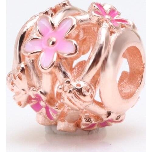 DoDoFly Genuine 925 Sterling Silver Hollow Pink Daisy Ladybug Charm Fit Original Bracelet Diy Jewelry