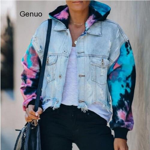 Jean Jacket For Women Loose Casual Blue Women Hoodies Coats Tie Dye Sleeve Patchwork Hoodied Denim Coats Female Outwear