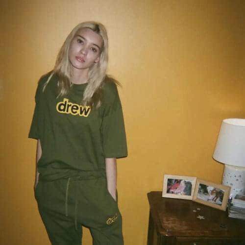 DREW T Shirt Summer 100% Cotton Men T-shirt Male Womens tshirt Short Sleeve High Quality Tops HOUSE JUSTIN Smiley Olive Green