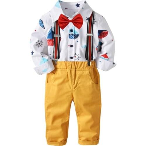 Boy Cotton Print Birthday Uniform Long-sleeve Shirt and Woven Strap Trousers Suit Four-piece Suit Children Clothes Baby Boys Set