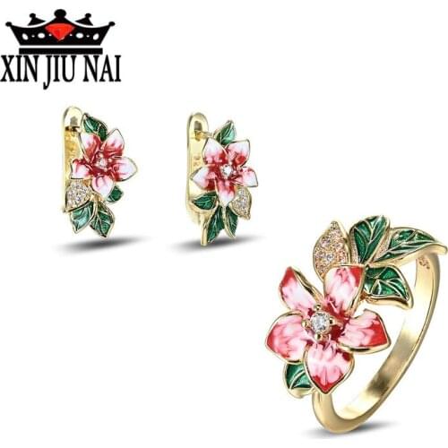 2020 Hot New Arrival Personalized Luxury Enamel Color Red Flower Prom Celebration Womens Ring Earring Jewelry Set