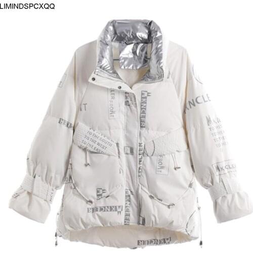 Fashion Loose Letter Bright Face Bread Jacket Down Womens Middle Long New Warm White Duck Dowm Parka Snowwear Thick Puffer Coat