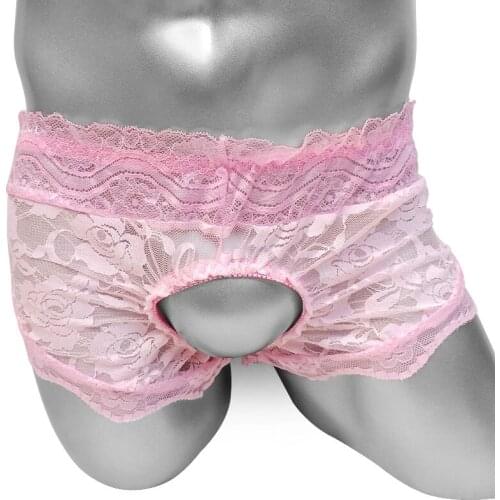 Crotchless Sissy Lace Panties Sexy Lingerie For Mens Boxer Underwear Sheer Thin Ruffles Funny Gay Male Lace Boxers Shorts