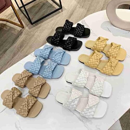 Women Weave Shoes Summer Female Mules Concise Slippers Beach Chaussure Ete Femme Flat Square Toe Shoes Ladies Slides Fashion