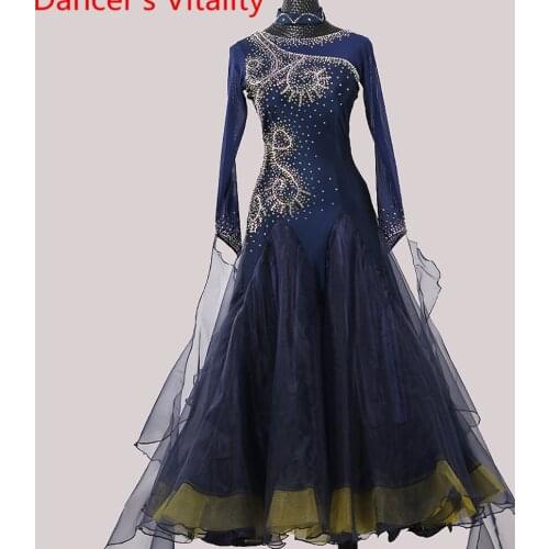 National Standard Dance Racing Costume Long Sleeve Rhinestone Big Hem Dress Ballroom Modern Waltz Jazz Dancing Stage Outfits