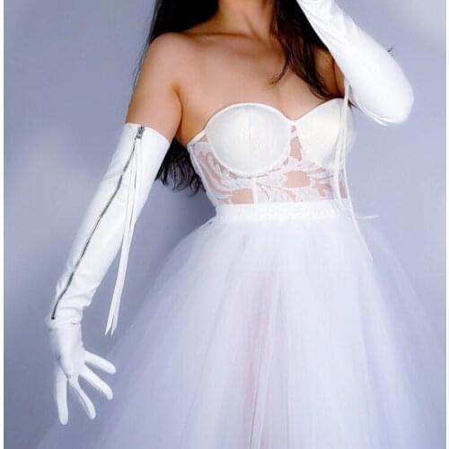 Womens fashion sexy slim faux pu leather zipper glove ladys club performance formal party touchscreen long glove 60cm R2673