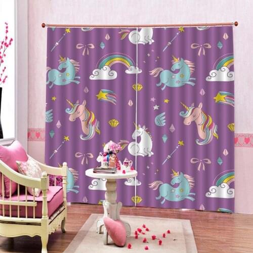 Custom Cartoon Horse Rainbow Curtain Photo print For Childrens room Bedroom Purple background Polyester Fabric Drapes Sets