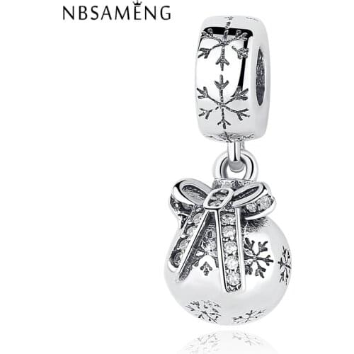 Christmas 100% 925 Sterling Silver Bead Crystal Bowknot With Snowflake Pendant Charm Fit DIY Bracelet Jewelry Gift
