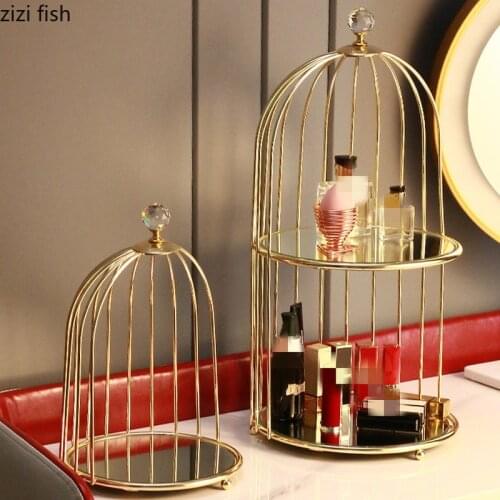 Glass Mirror Metal Bird Cage Storage Rack Home Desktop Skin Care Products Cosmetic Double Layer Shelf Cake Dessert Display Stand