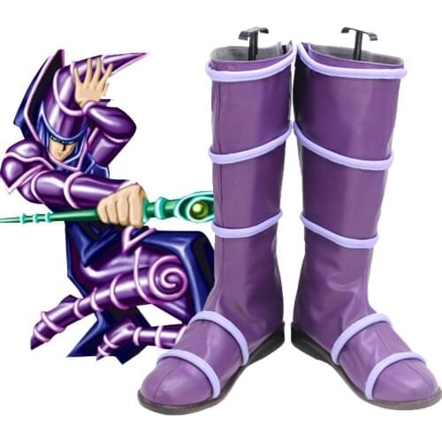 Yu-Gi-Oh! Black Dark Magician Purple Anime Cosplay Shoes Long Boots Leather Hand Custom Made For Halloween Carnival Party
