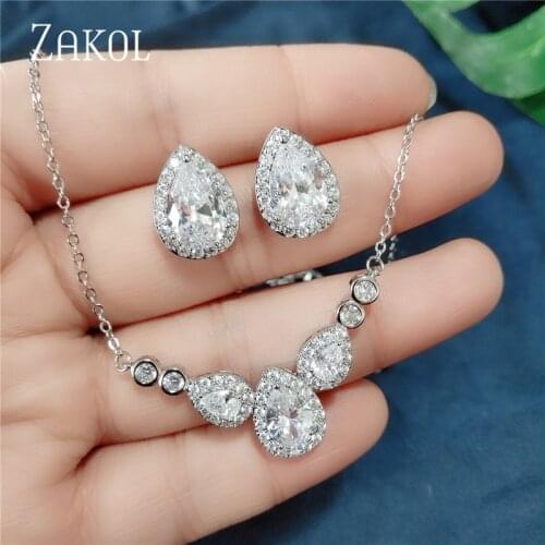 ZAKOL Fashion White Water Drop Cubic Zirconia Stud Earring Necklace Jewelry Sets for Women Bridesmaids Engagement Dress