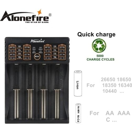 AloneFire MC104 USB Charger 1.2V 3.7V 3.2V 3.85V AA/AAA 18650 26650 14500 16340 Torch NiCad NiMH lithium battery Smart Charger