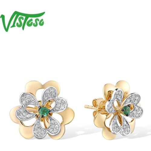 VISTOSO 14K 585 Yellow Gold Earrings For Women Shiny Natural Emerald Diamond Delicate Flower Stud Earrings Trendy Fine Jewelry