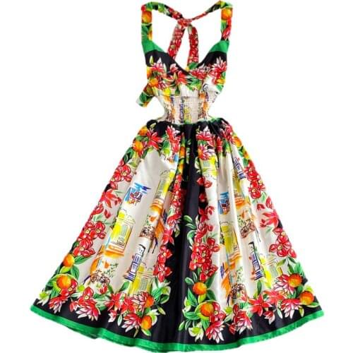 New Summer Women Sexy Off Shoulder V-Neck Halter Strap Dress High Quality Fashion Print Big Hem Slim Beach Vacation Dress