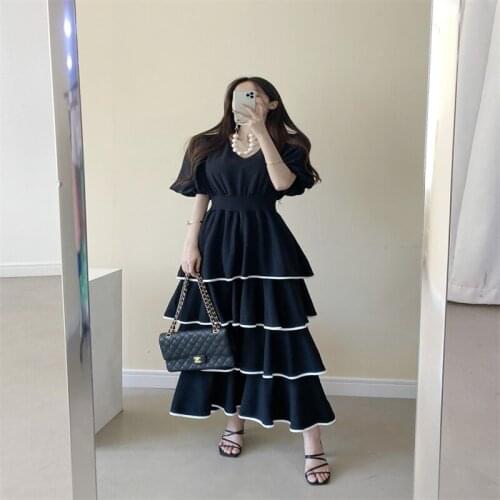 Pure Black V-neck Womens Dress High Waist Loose Short Sleeves Layered Cake Dresses