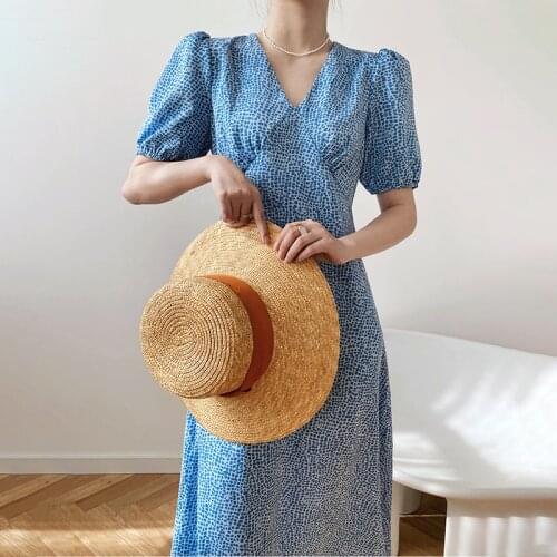 Vintage Sheath Print Floral Dress For Women V Neck Puff Short Sleeve High Waist Pullover Mid Dresses Female 2021 Clothes X169